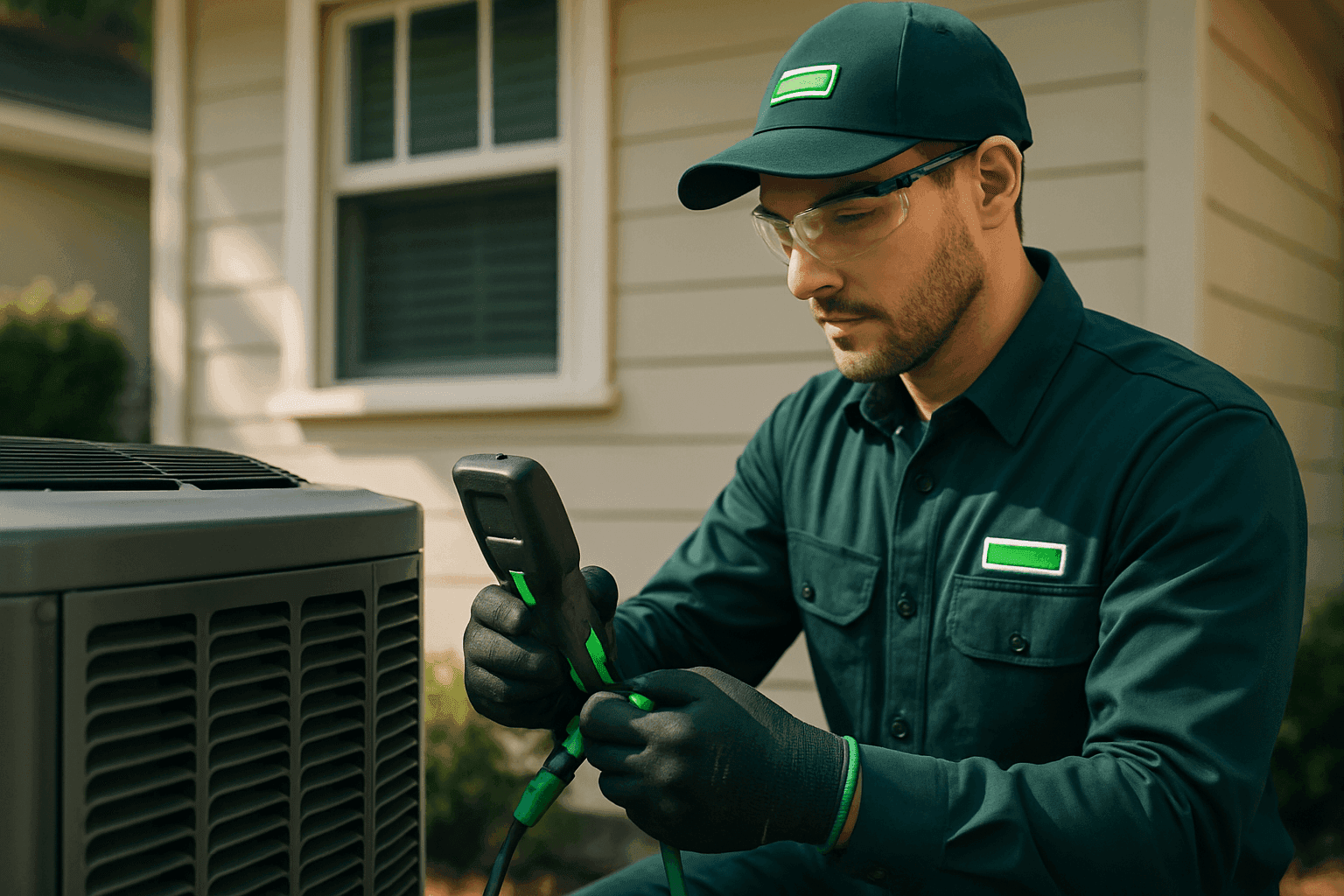 Residential cooling technician in green uniform working on outdoor HVAC unit at home exterior