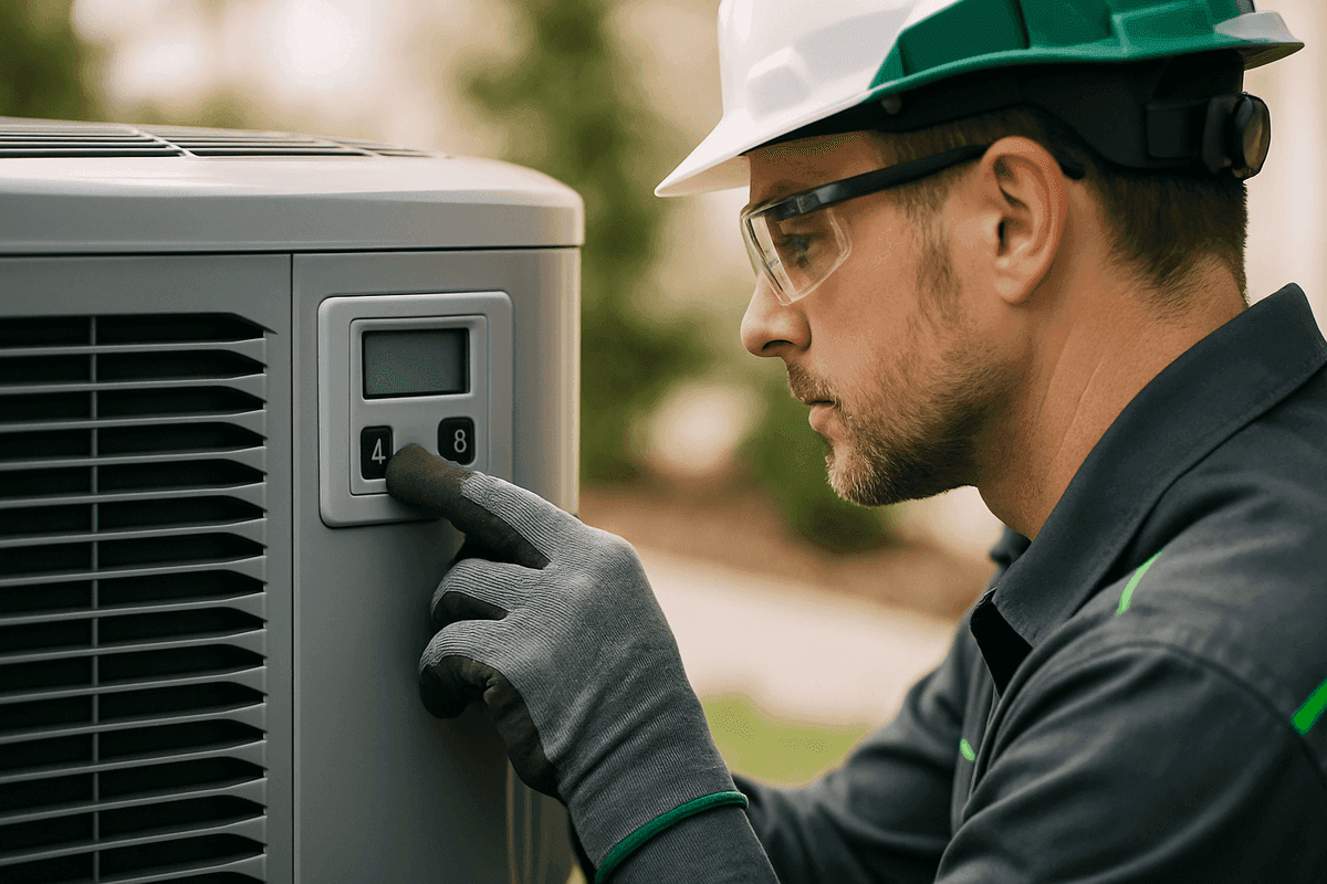 Gloved hands of HVAC technician adjusting control panel on residential air conditioner